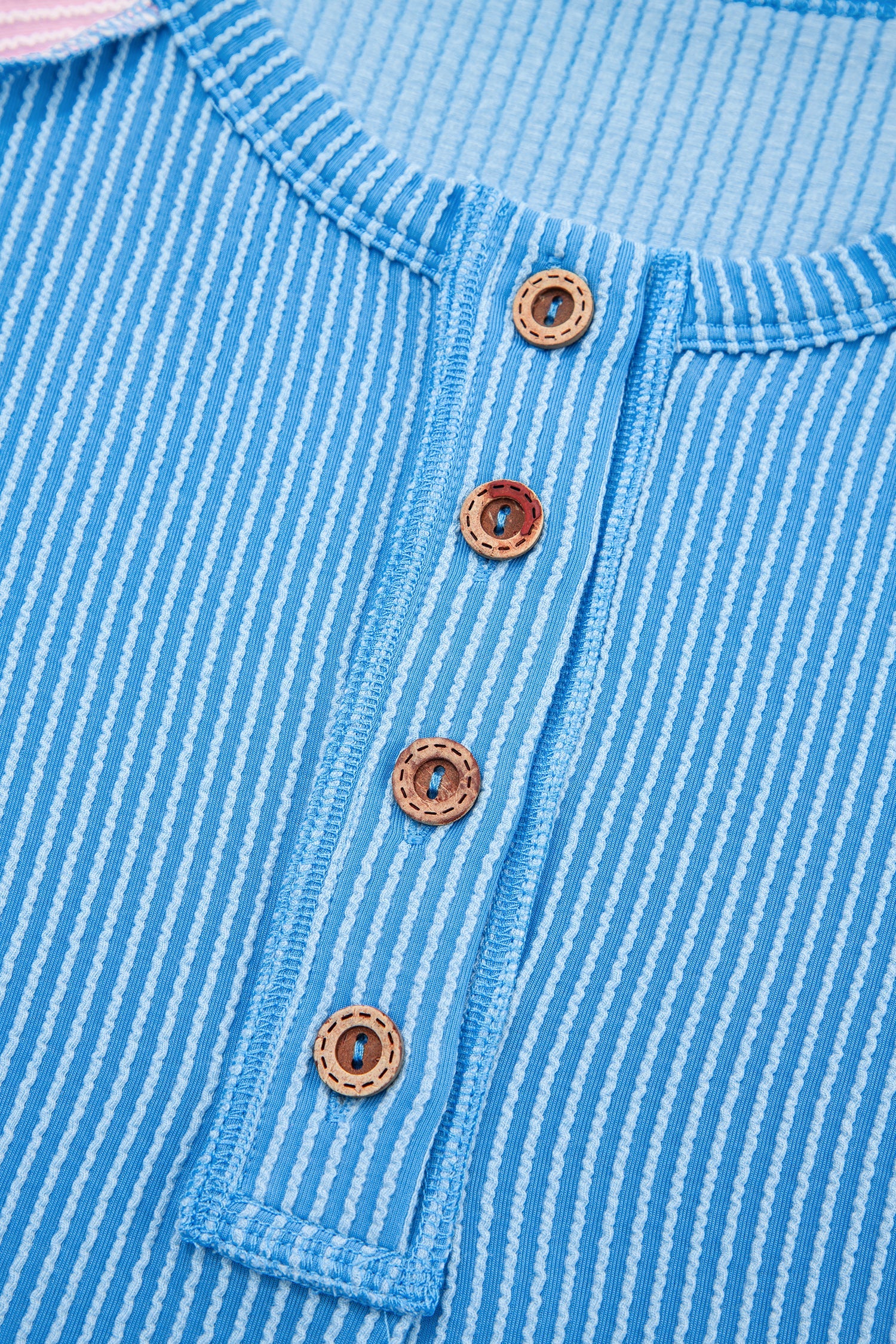 Blue Twisted Ribbed Color Block Patchwork Henley Short Sleeve T Shirt