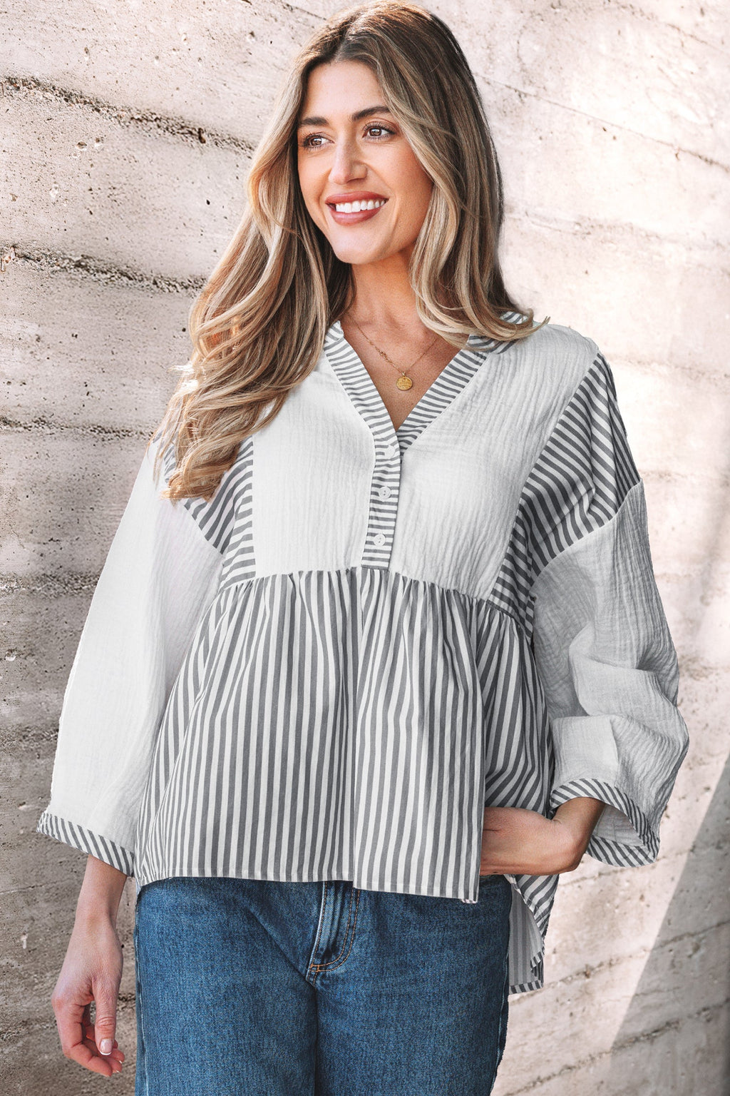 Gray Stripe Half Button Gauze Patchwork Bracelet Sleeve Babydoll Blouse