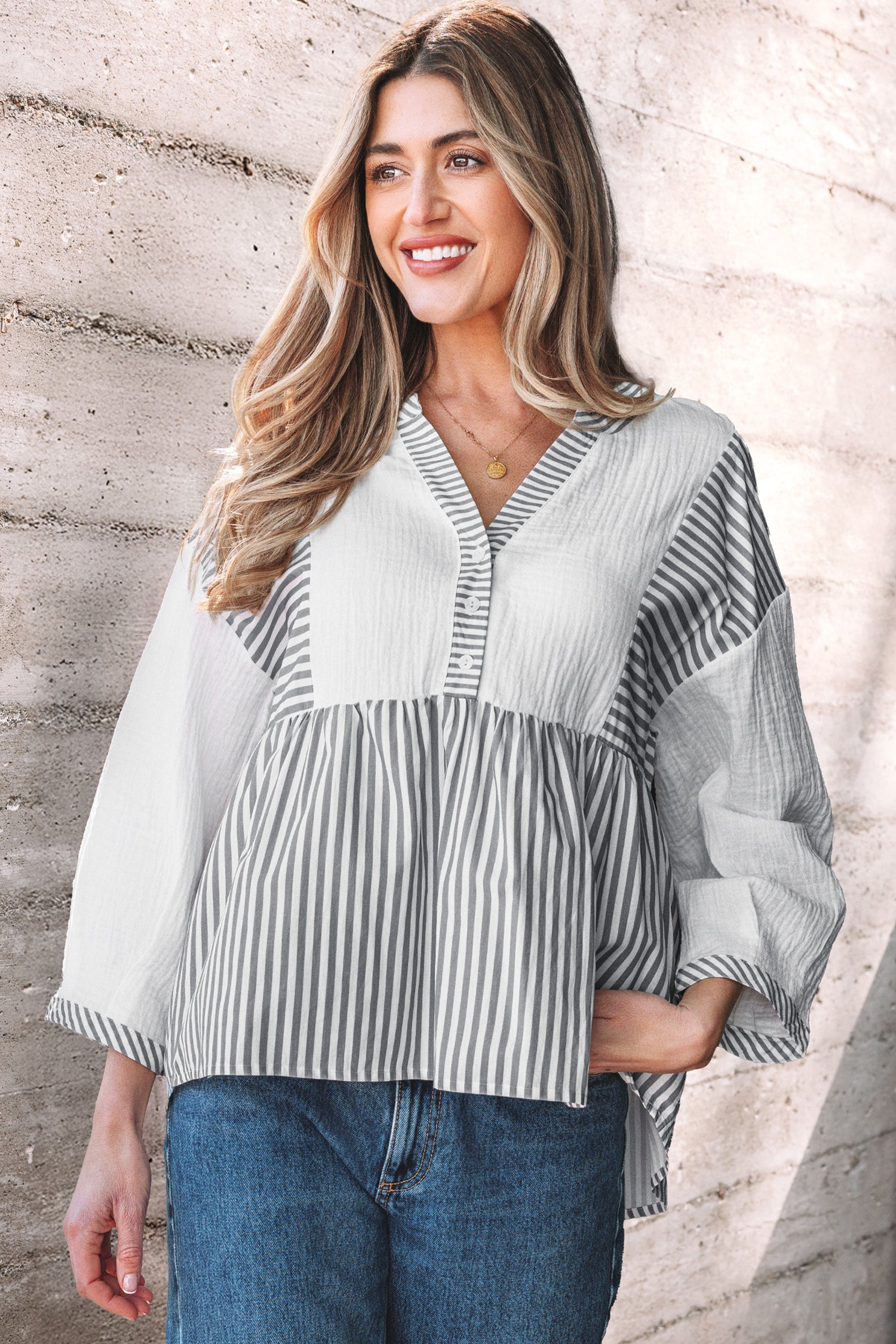 Gray Stripe Half Button Gauze Patchwork Bracelet Sleeve Babydoll Blouse