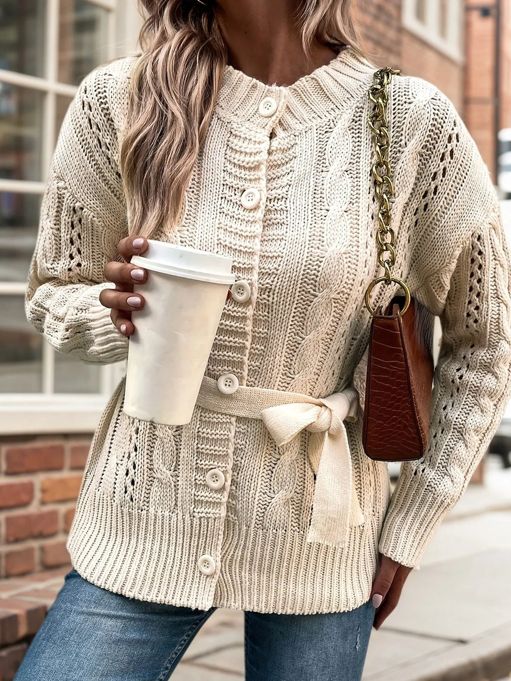 Cable Knit Belted Cardigan with Button Front