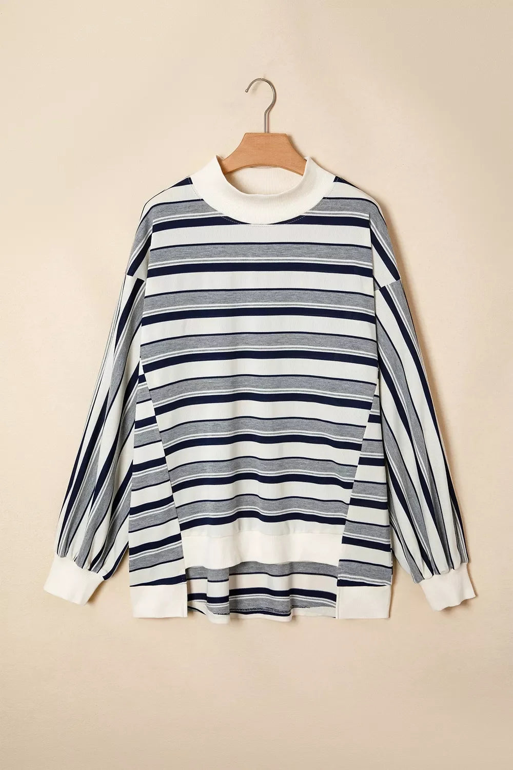 Striped Ribbed Stand Neck Long Sleeve Shift Silhouette Sweatshirt