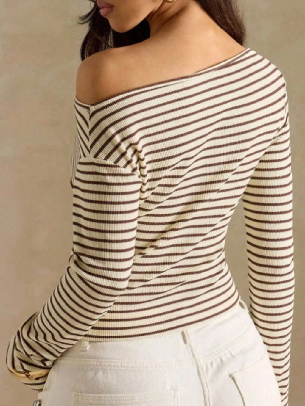 Off-Shoulder Striped Ribbed Long Sleeve T-Shirt