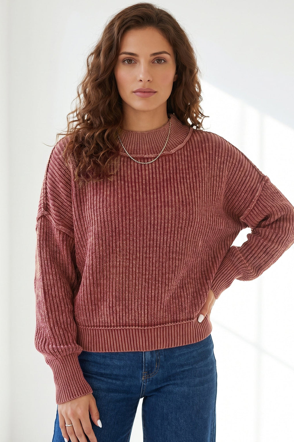 Red Dahlia Drop Shoulder High Neck Ribbed Sweater