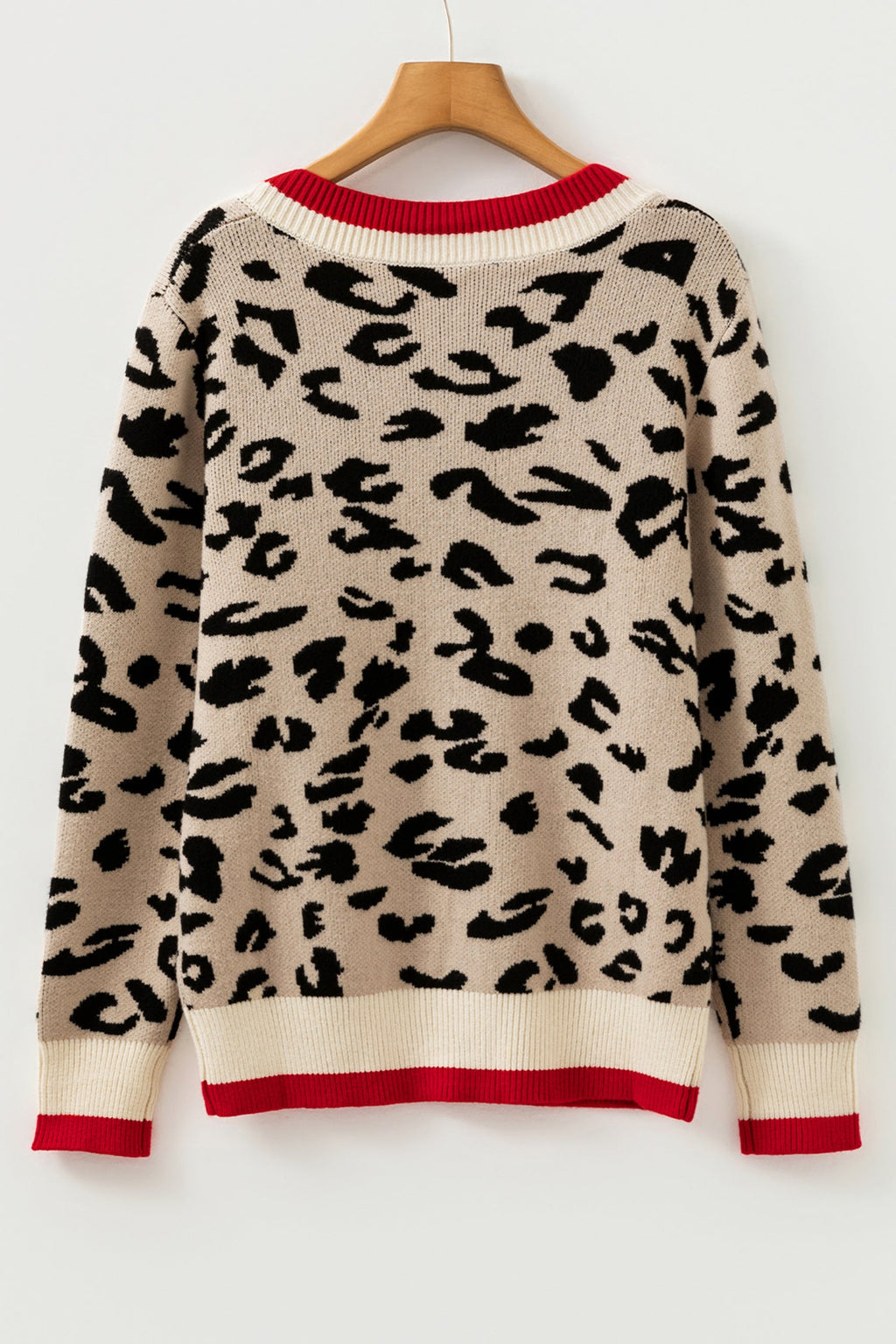 Leopard Contrast Stripe Ribbed Knit V-Neck Sweater