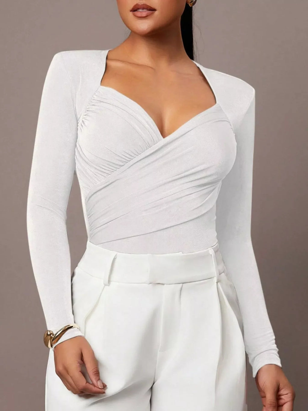 Ruched Surplice Long Sleeve Bodysuit