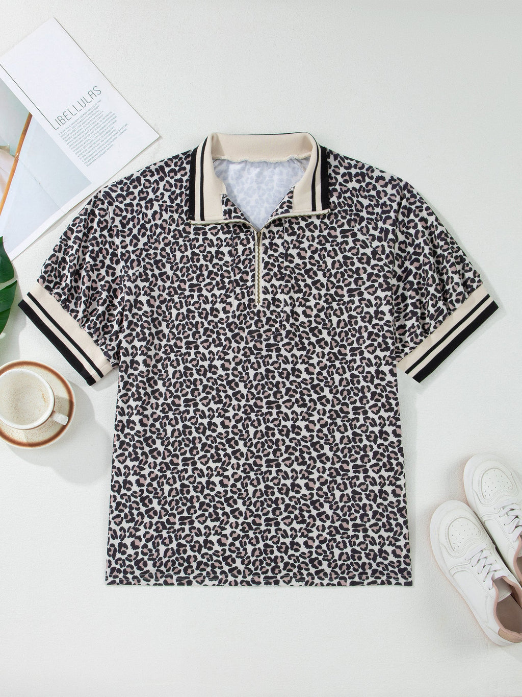 Brown Plus Size Leopard Print Striped Webbing Patchwork Half Zip Blouse