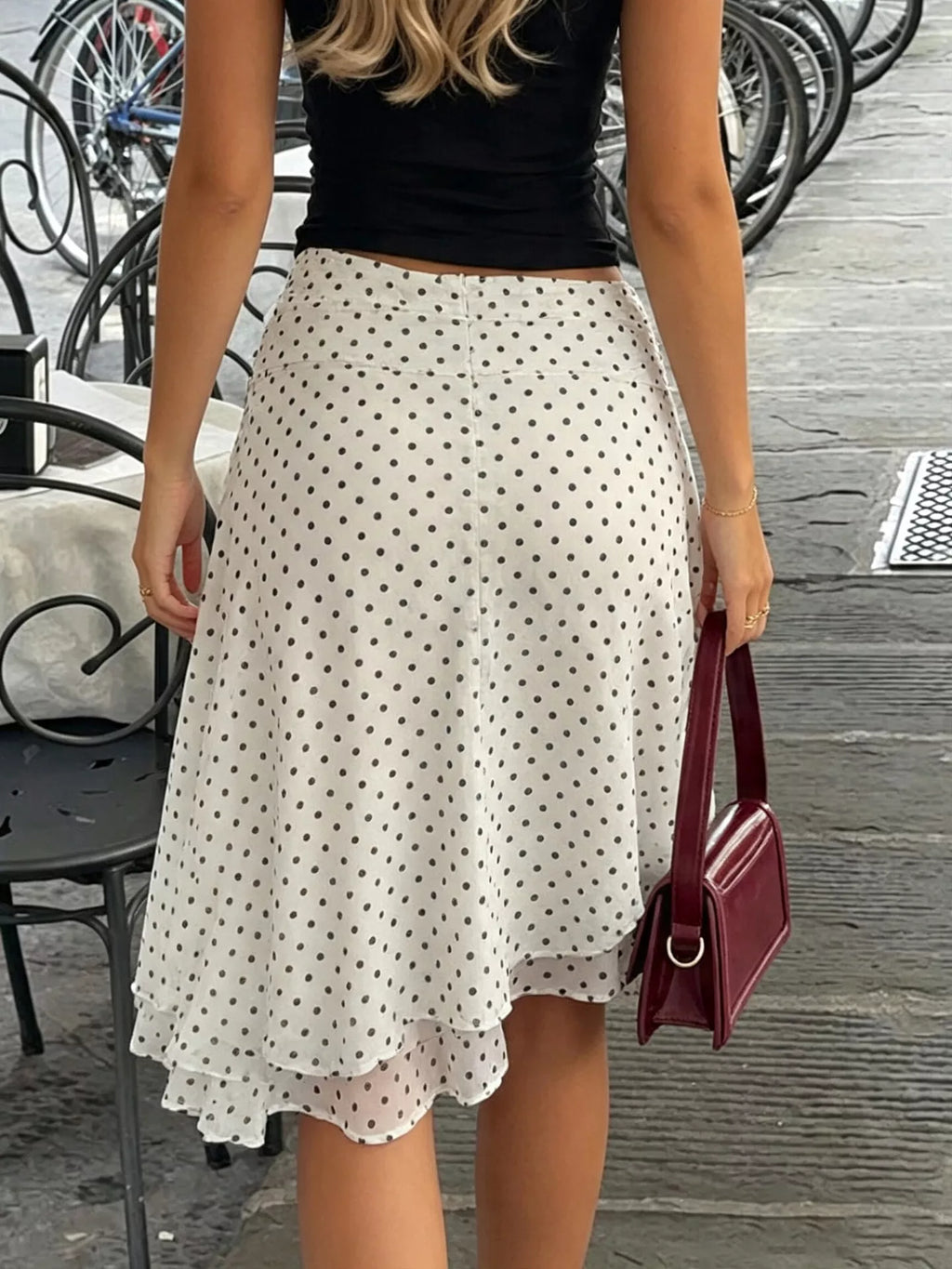 Polka Dot Ruched Waist Midi Skirt