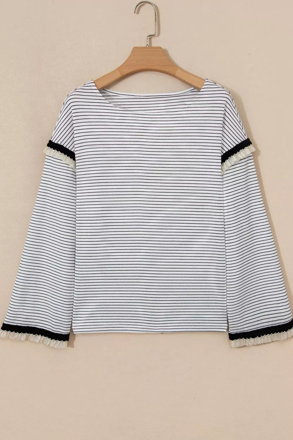Stripe Contrasted Ruffle Trim Loose Long Sleeve Top