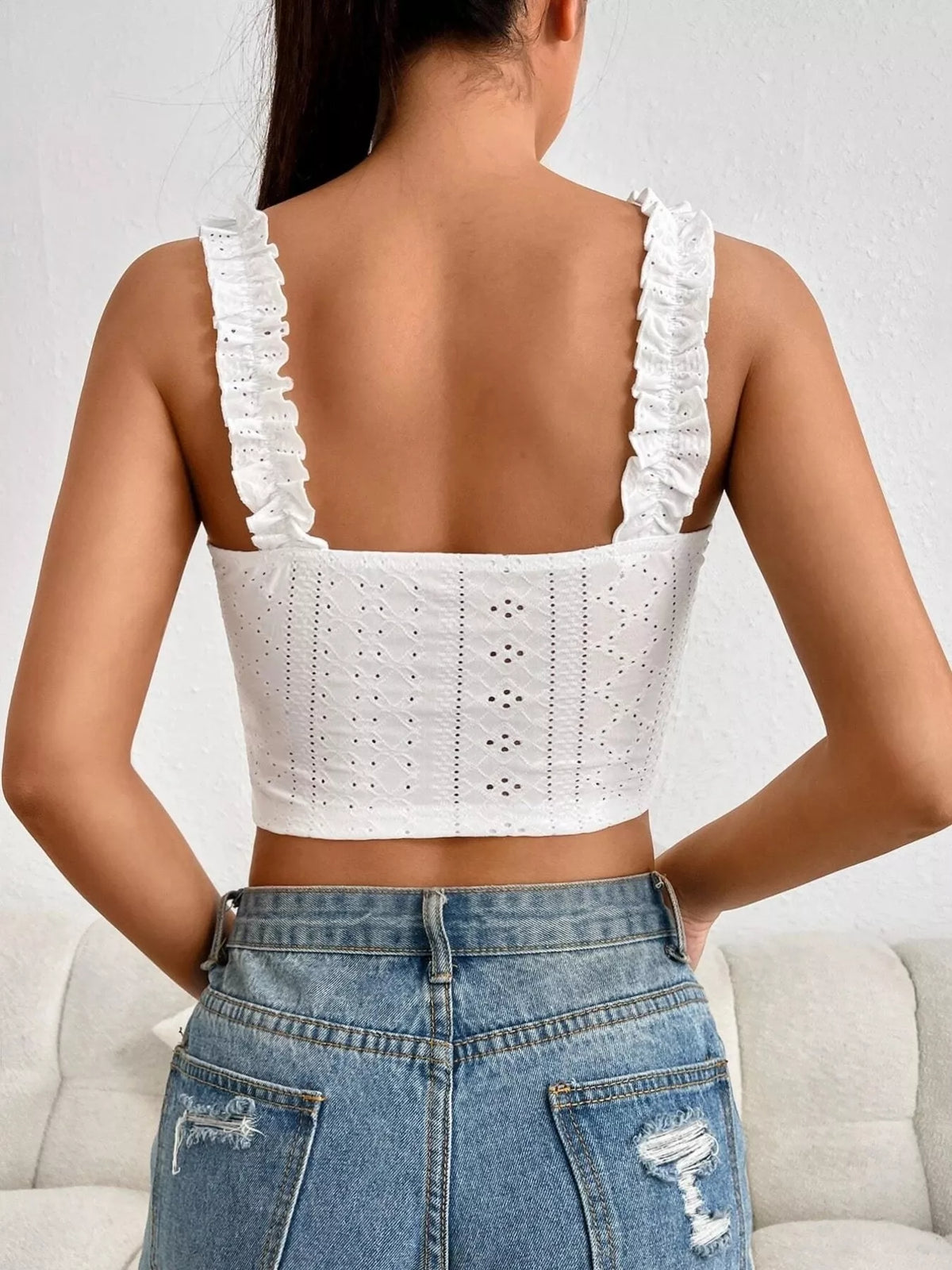 Eyelet Ruffle Strap Tie-Front Tank