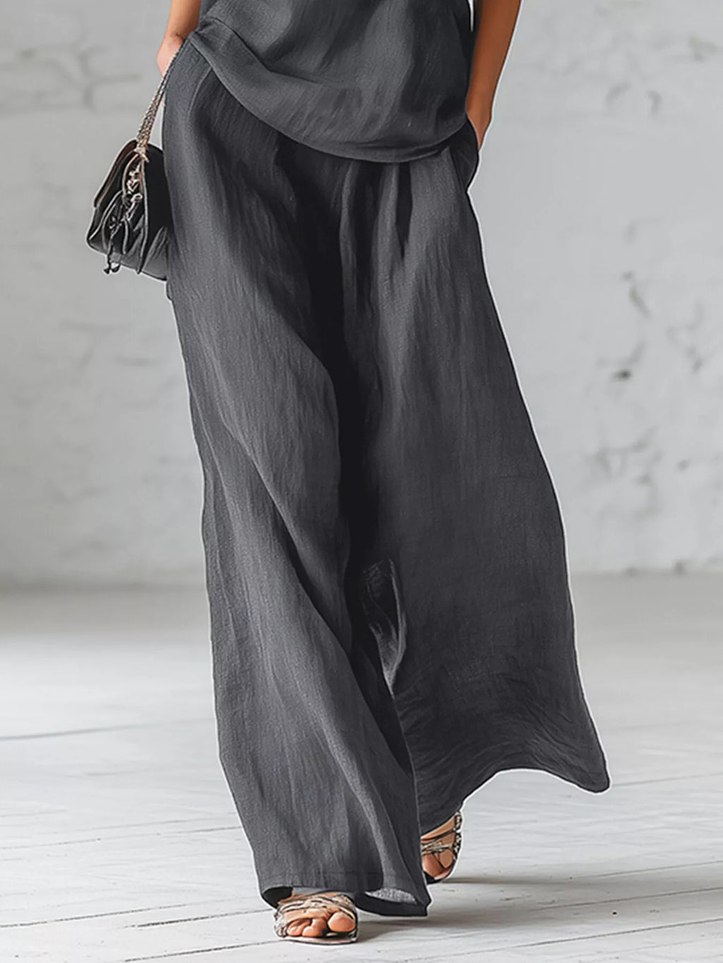One-Shoulder Bow Tie Top and Wide-Leg Pants Casual Two-Piece Set