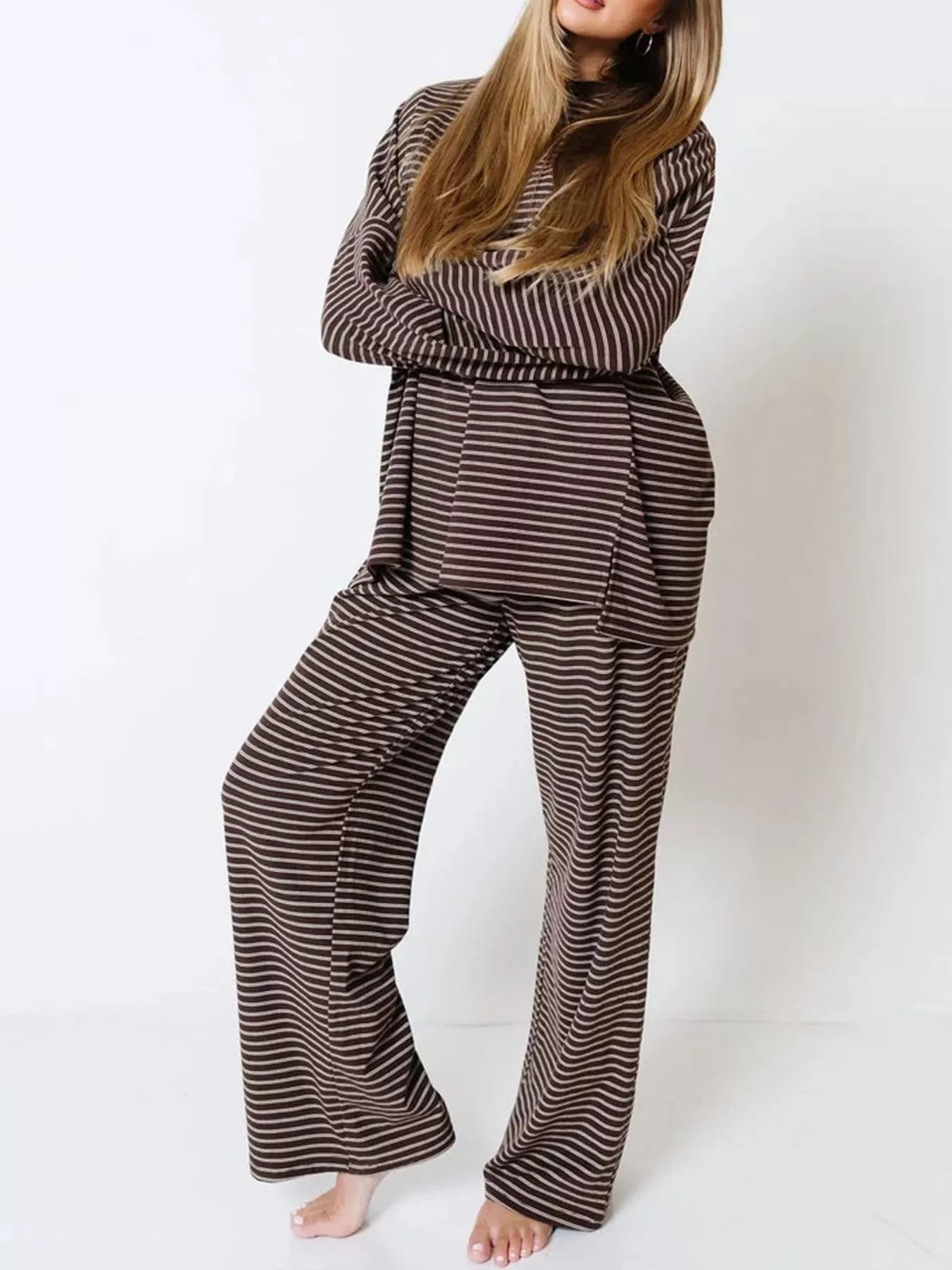 Striped Long Sleeve Top and Wide Leg Pants Set