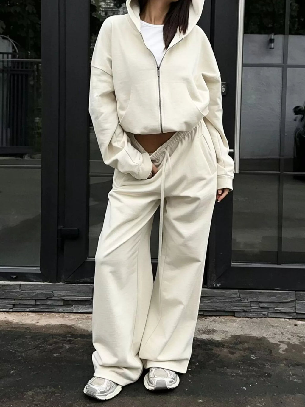 Casual Zip-Up Hoodie and Wide-Leg Sweatpants Set