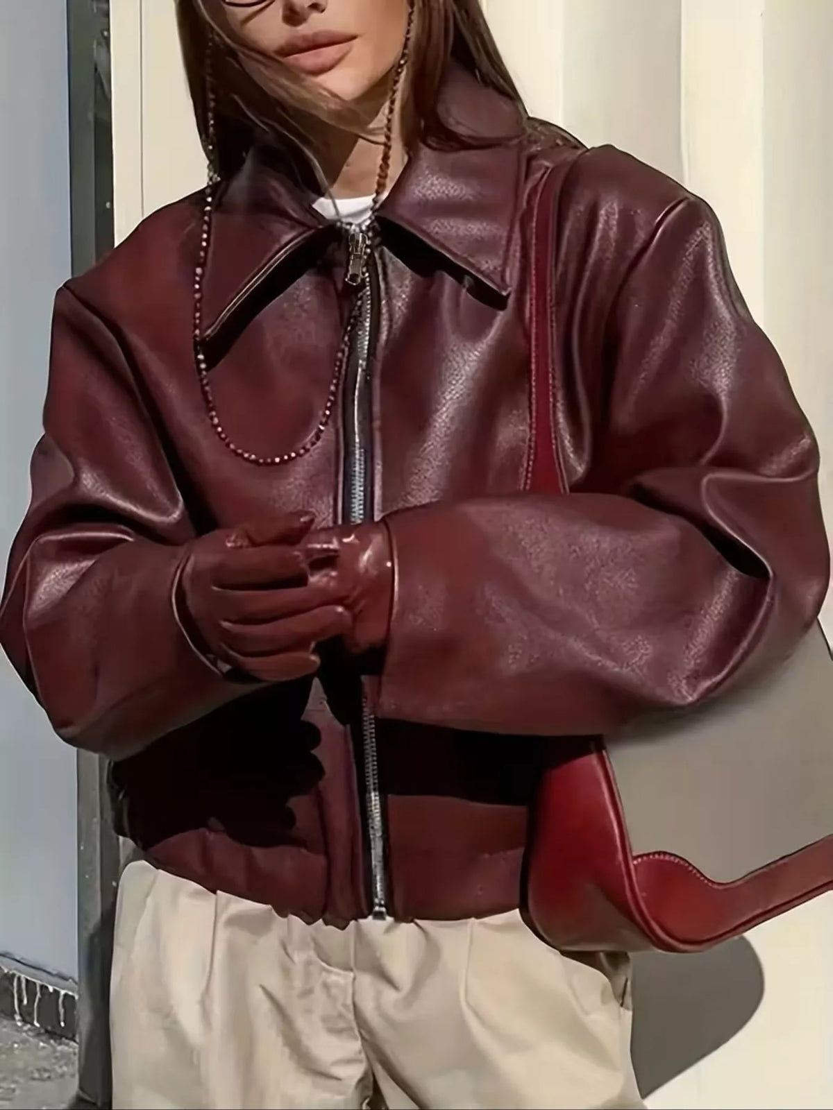 Oversized Faux Leather Zip Up Moto Jacket