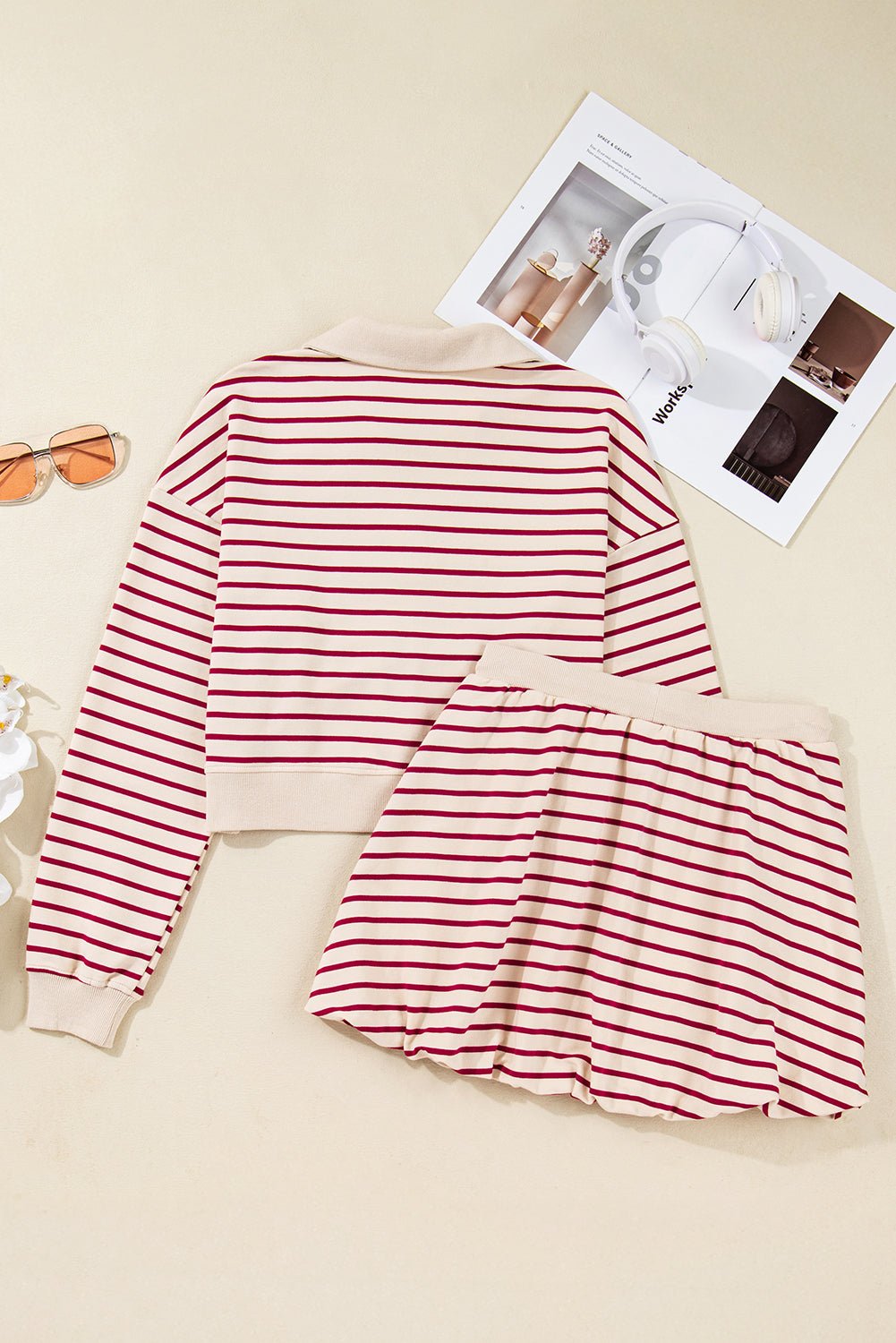 Stripe Cropped Pullover and Bubble Mini Skirt Set