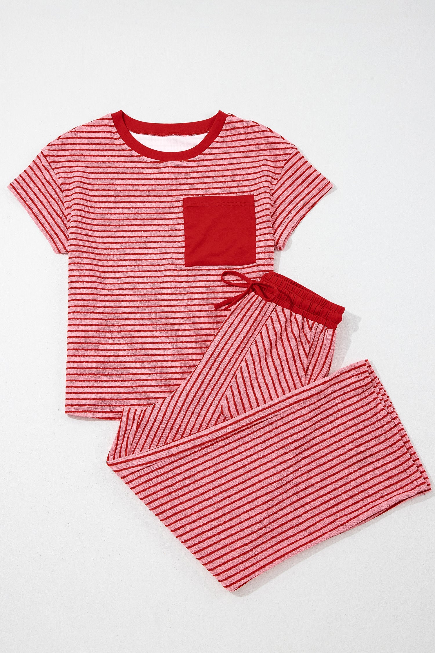 Rose Stripe Crew Neck Tee Drawstring Waist Cropped Pants Set