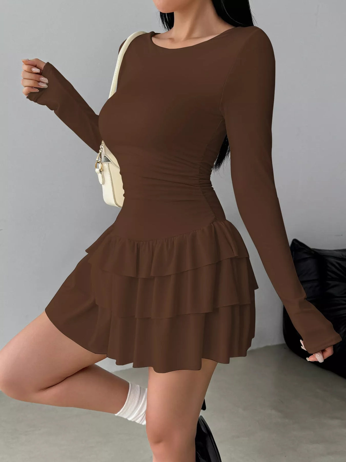 Layered Ruffle Long Sleeve Mini Dress