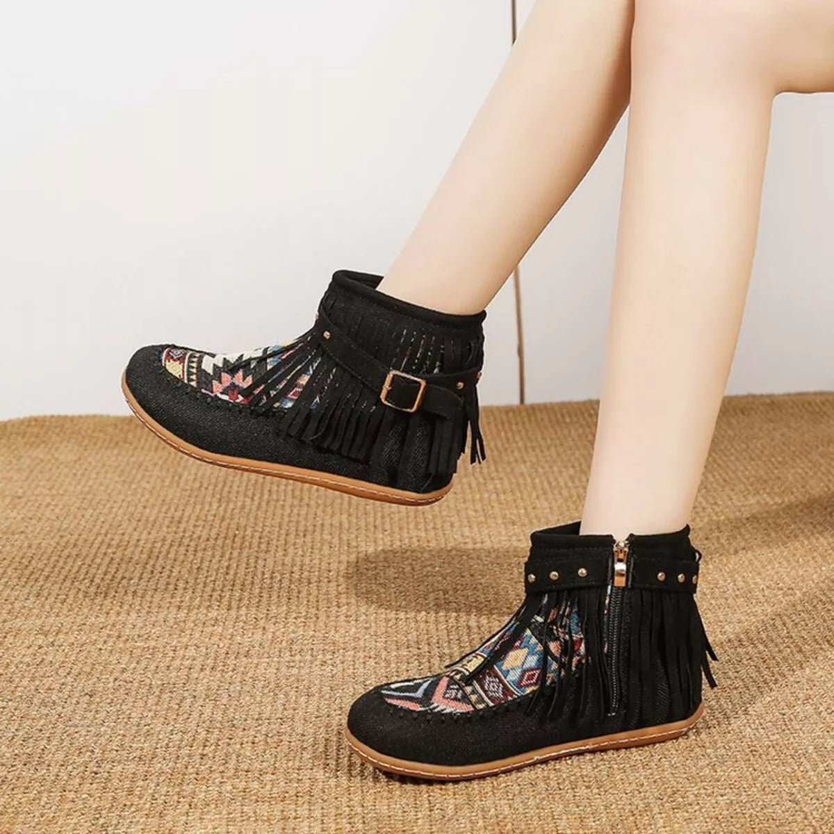 Fringe Side Zipper Ankle Boots