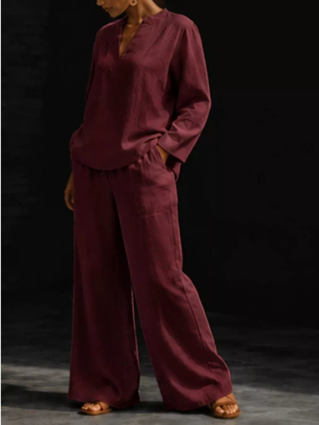 Notched Long Sleeve Top and Pants Set