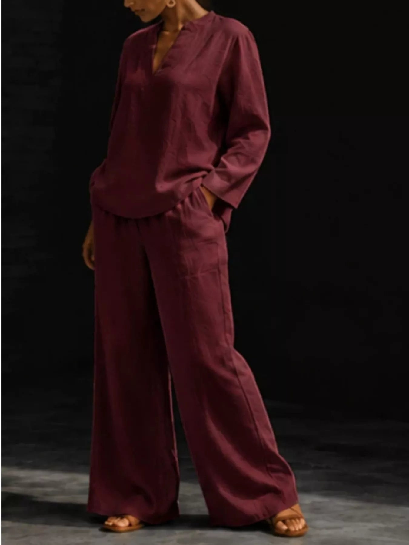 Notched Long Sleeve Top and Pants Set