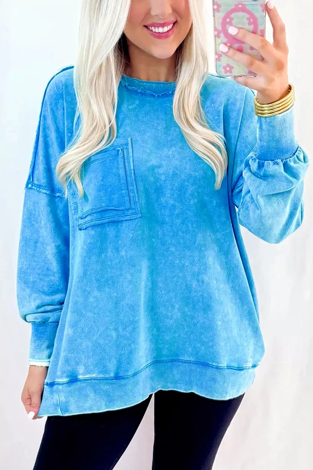 Mineral Wash Oversized Sweatshirt with Chest Pocket