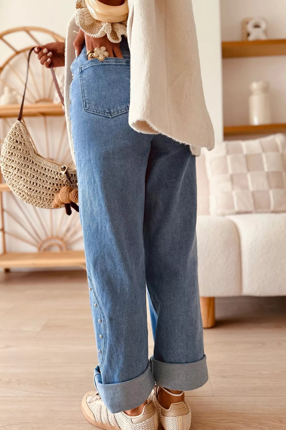 Side Seam Rivet Detail Ankle Length Casual Jeans