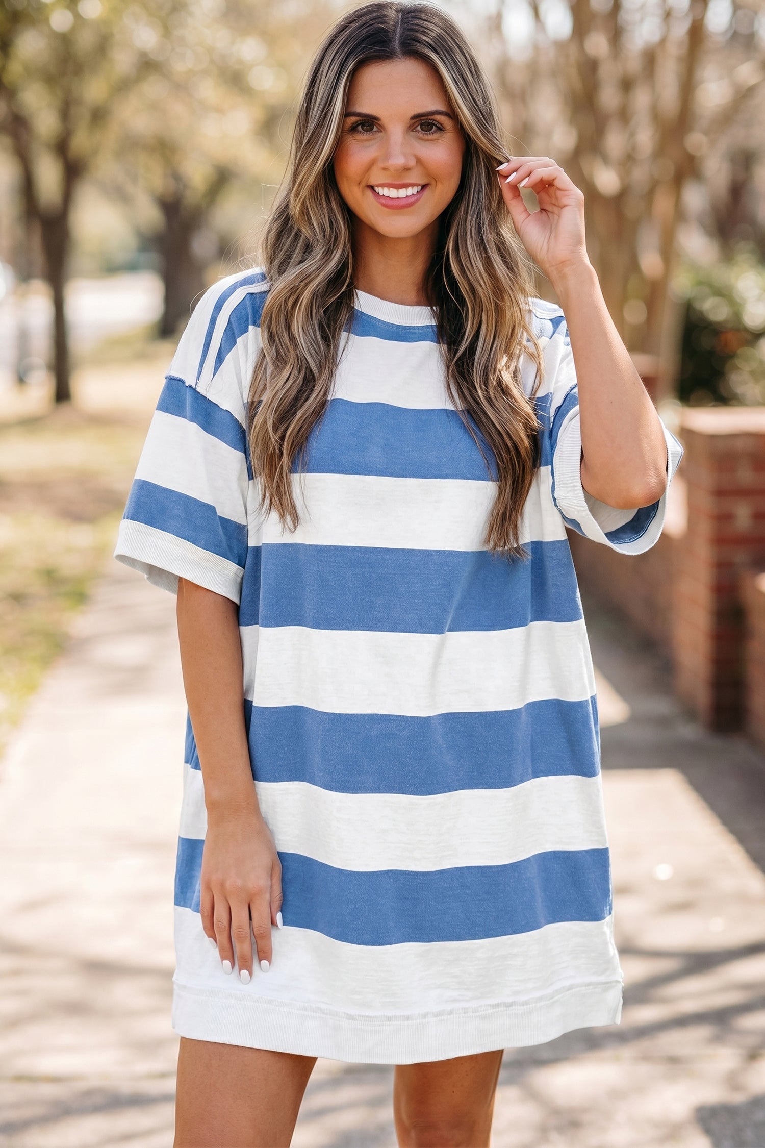 Blue Stripe Raw Seam Shoulder Detail Casual Tee Dress
