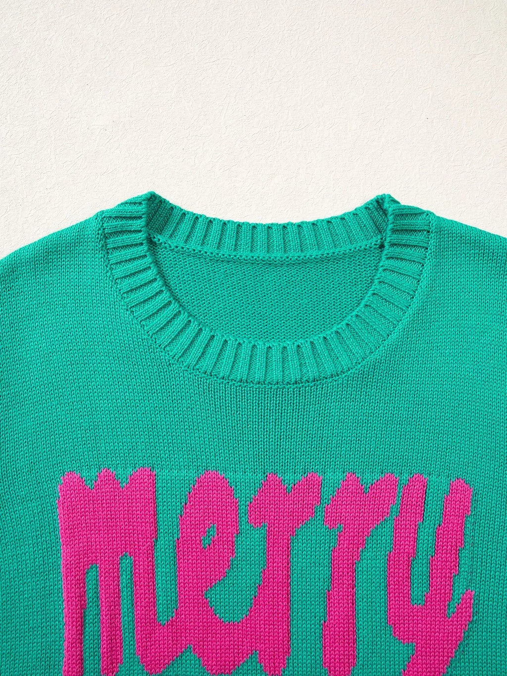 Merry Print Ribbed Trim Round Neck Loose Fit Sweater