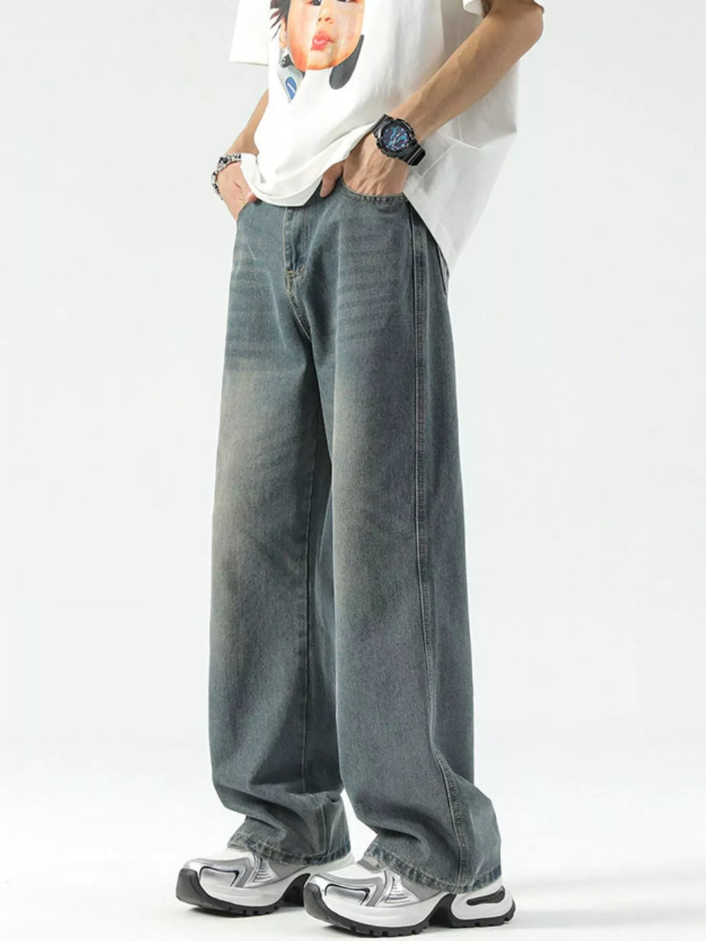 Men's Full Size Vintage Wash Wide Leg Jeans Plus Size