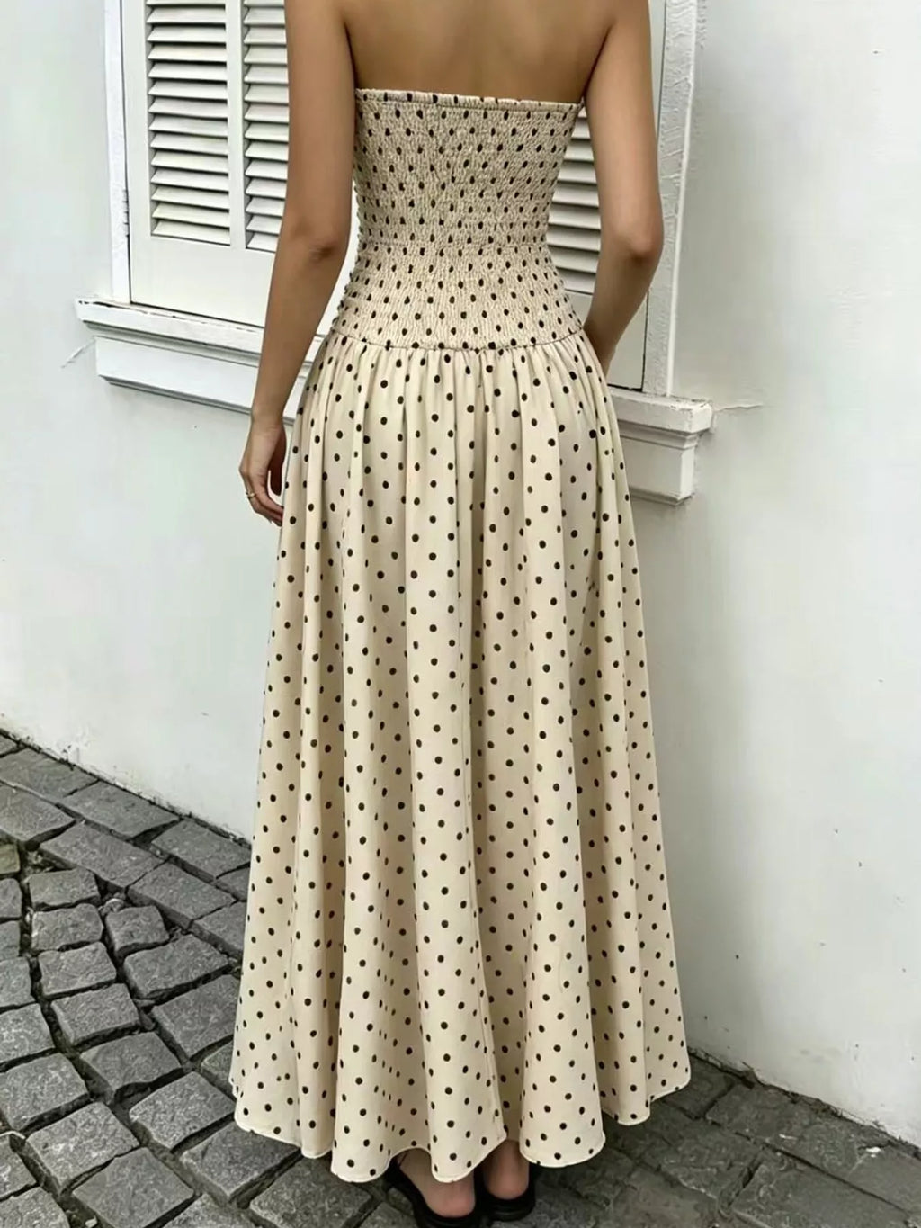 Strapless Polka Dot Ruched Maxi Dress