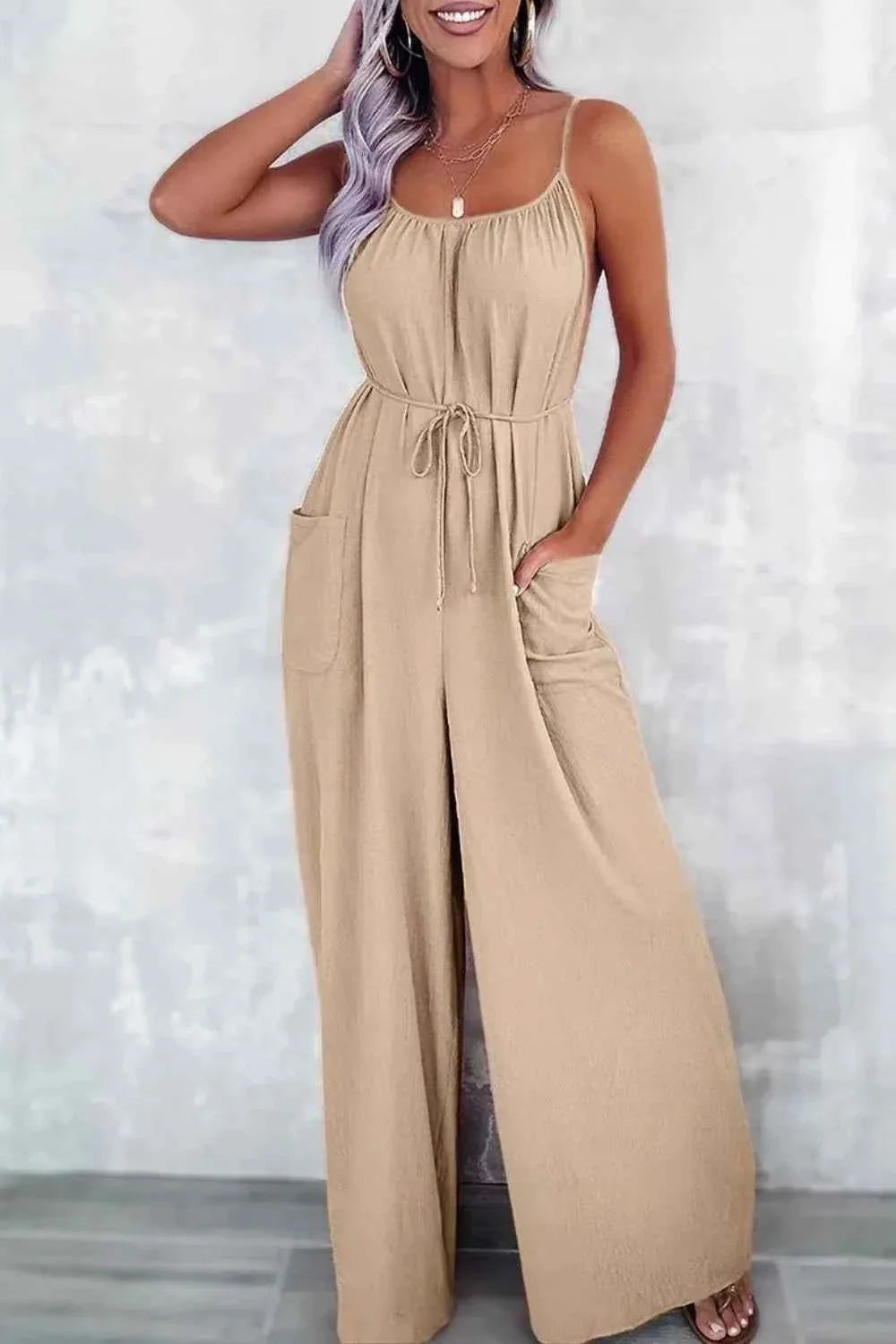 Spaghetti Strap Wide Leg Jumpsuit with Pockets
