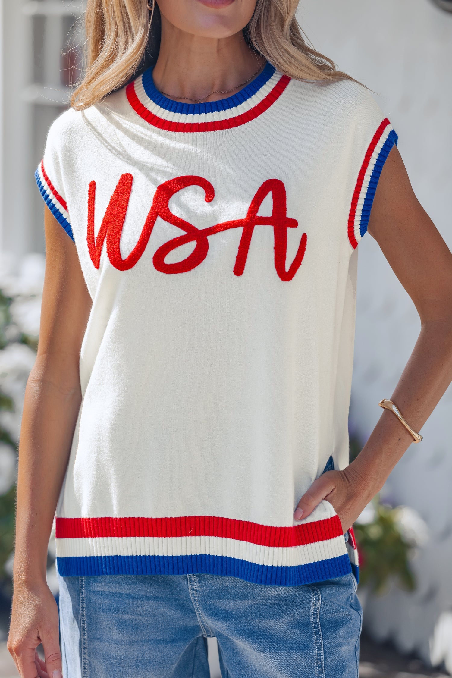White USA Contrast Striped Trim Round Neck Short Sleeve Sweater