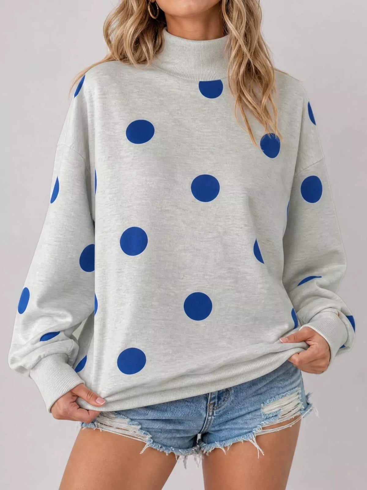 Mock Neck Polka Dot Print Oversized Sweatshirt