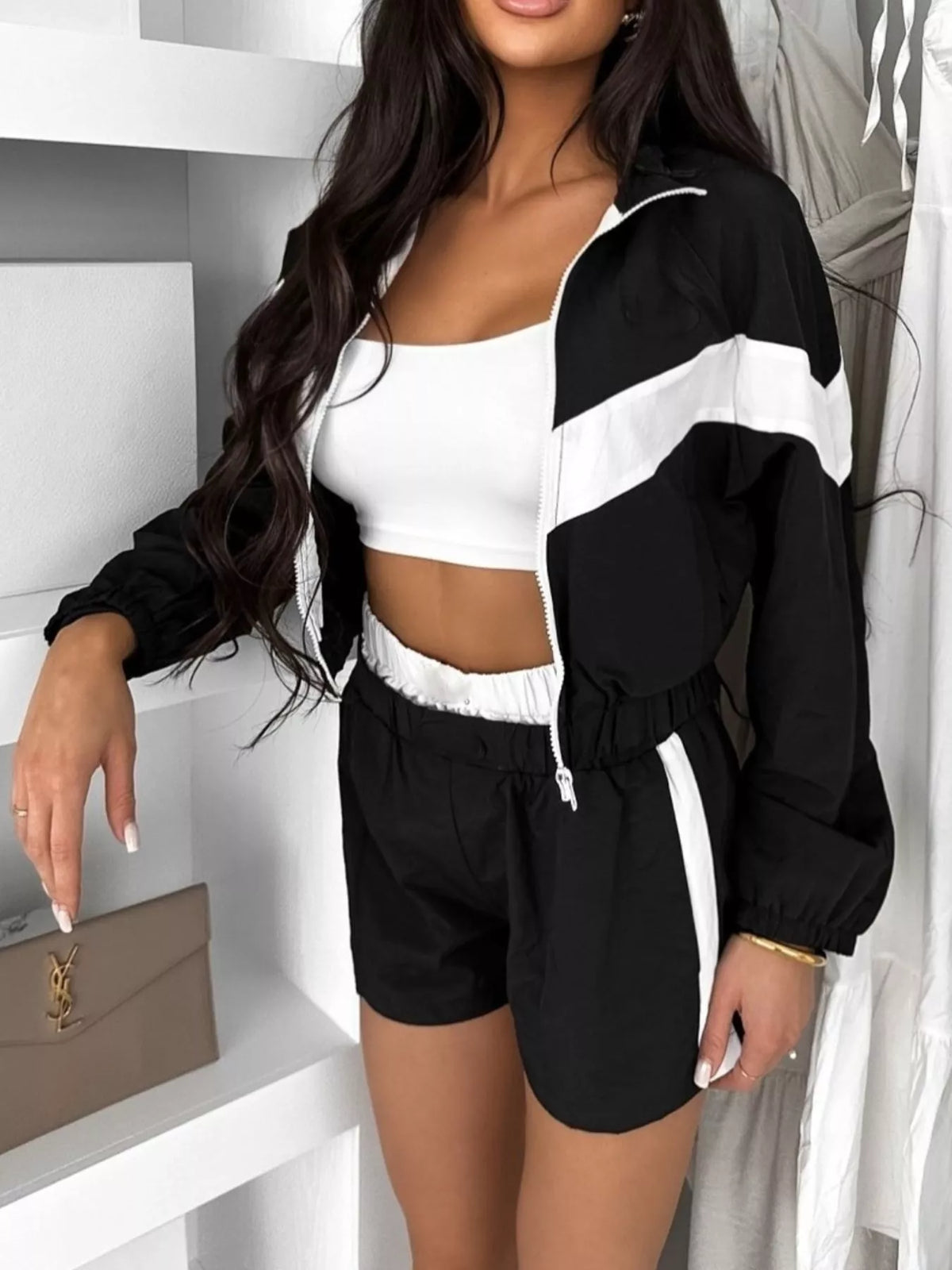 Color Block Zip-Up Jacket and Shorts Two-Piece Set