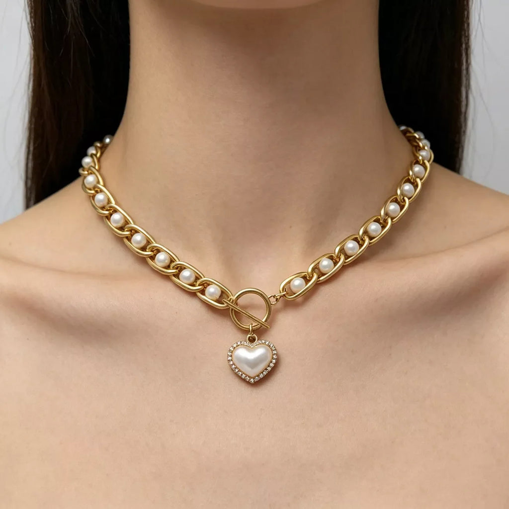 Chunky Pearl and Heart Pendant Necklace