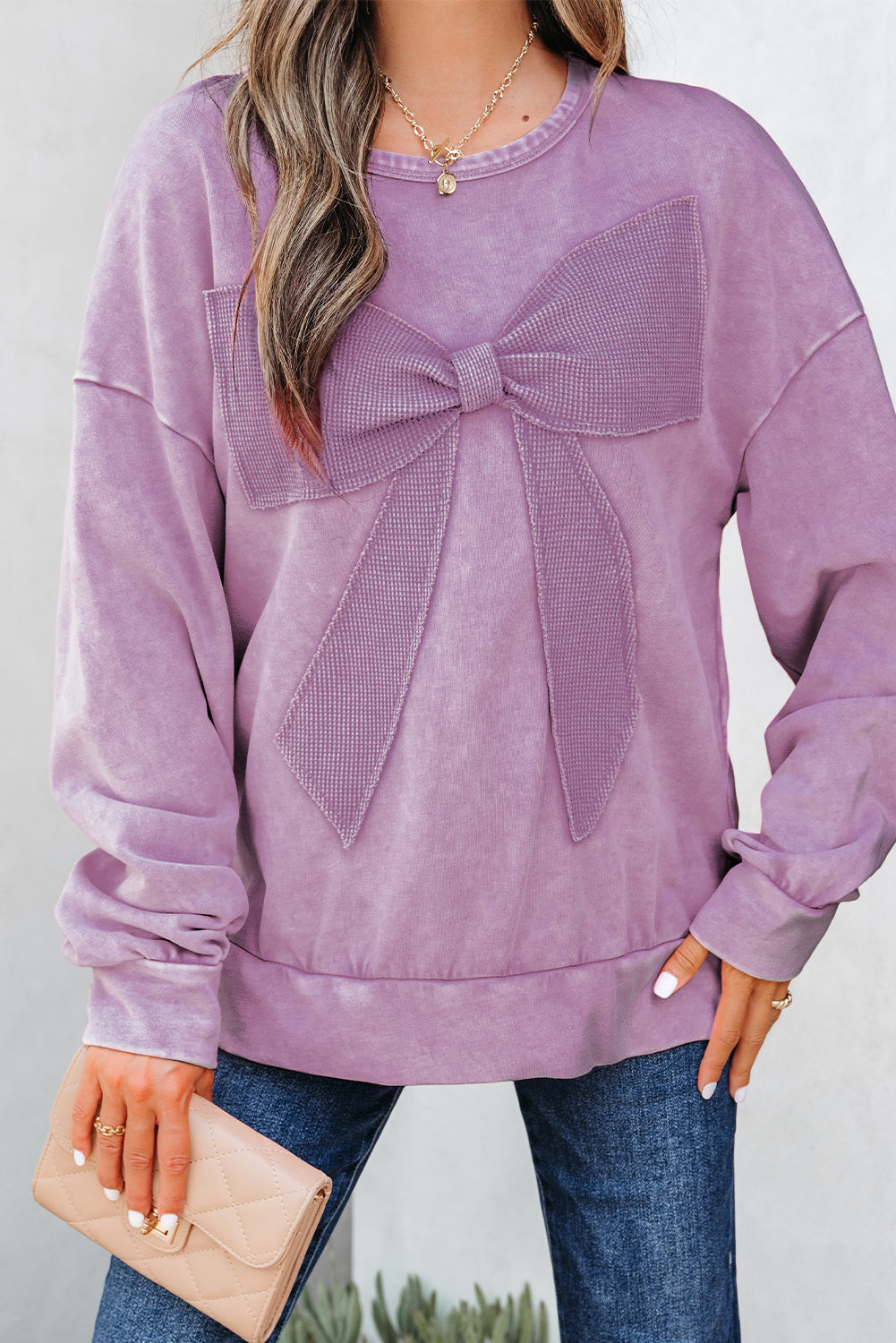 Solid Bow Patchwork Mineral Wash Sweatshirt