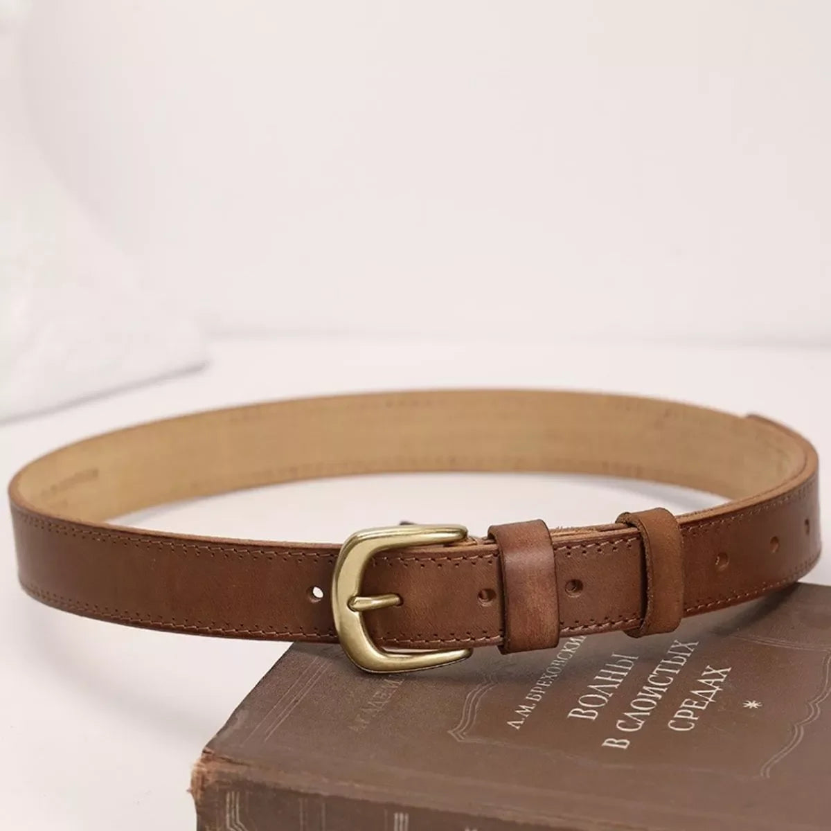 Classic Leather Belt with Golden Buckle