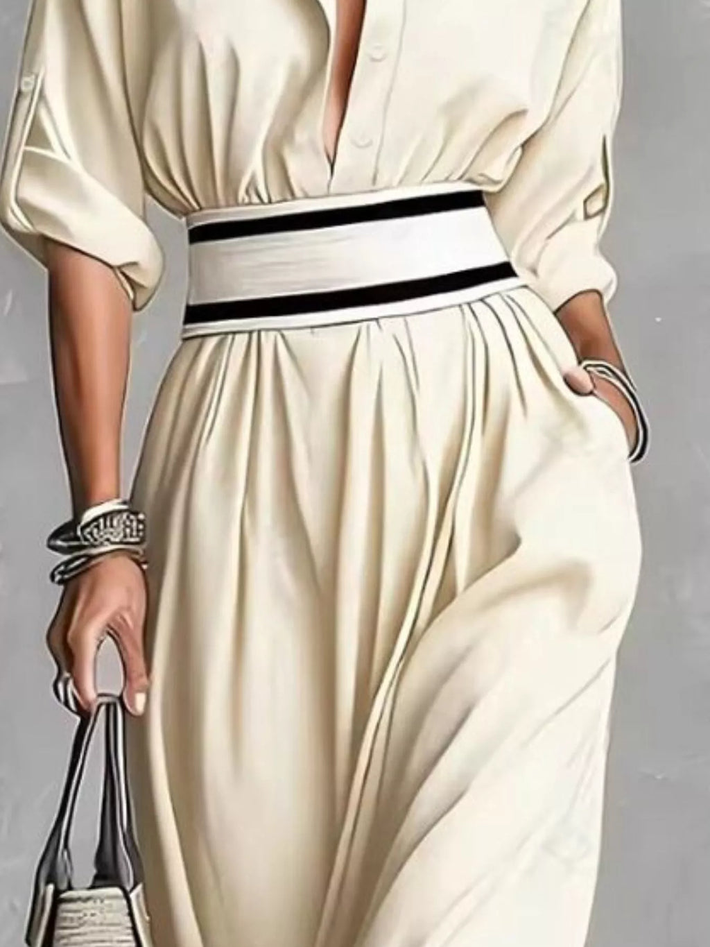 Slit Roll-Up Sleeve Maxi Dress