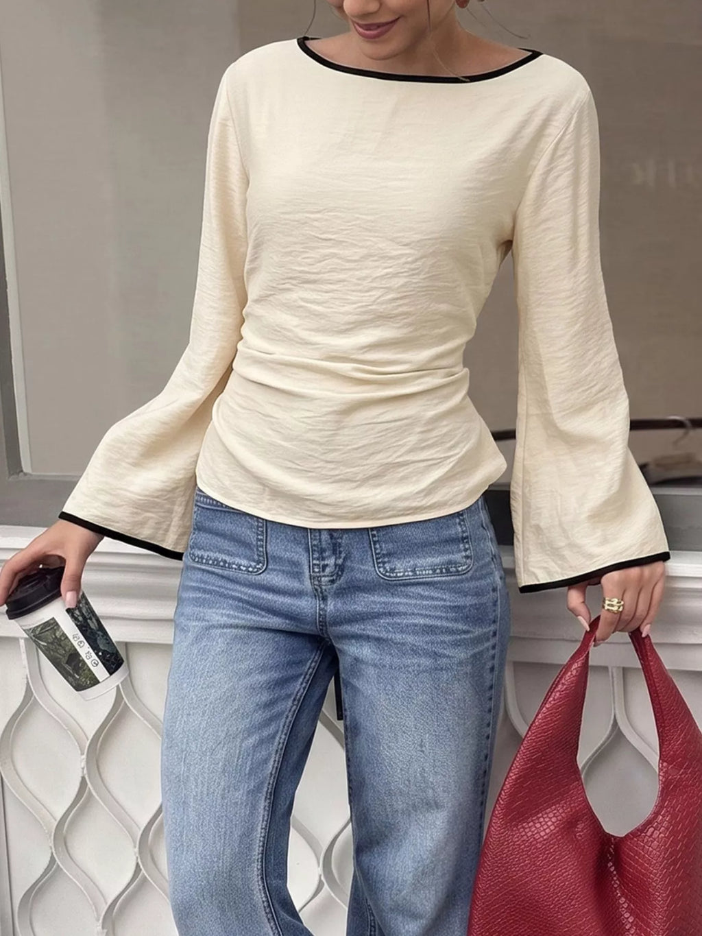 Contrast Trim Flare Sleeve Blouse