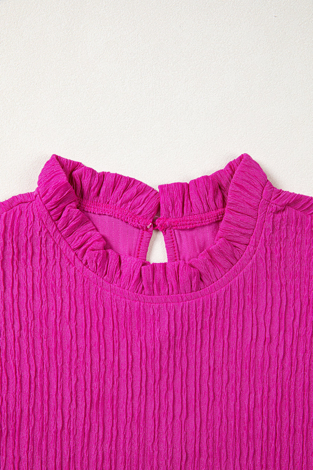 Rose Red Solid Color Textured Ruffle Trim Short Sleeve Blouse