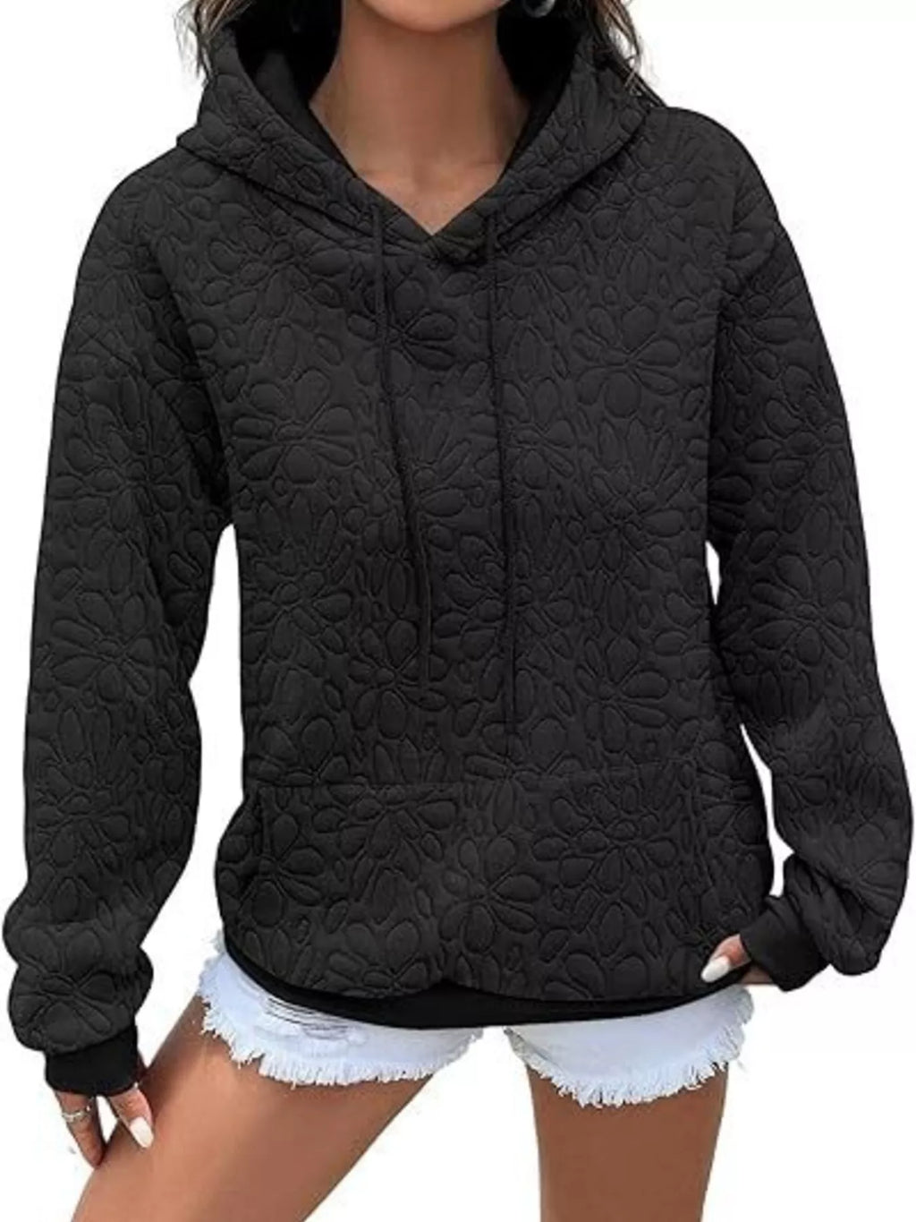 Textured Floral Embossed Drawstring Hoodie