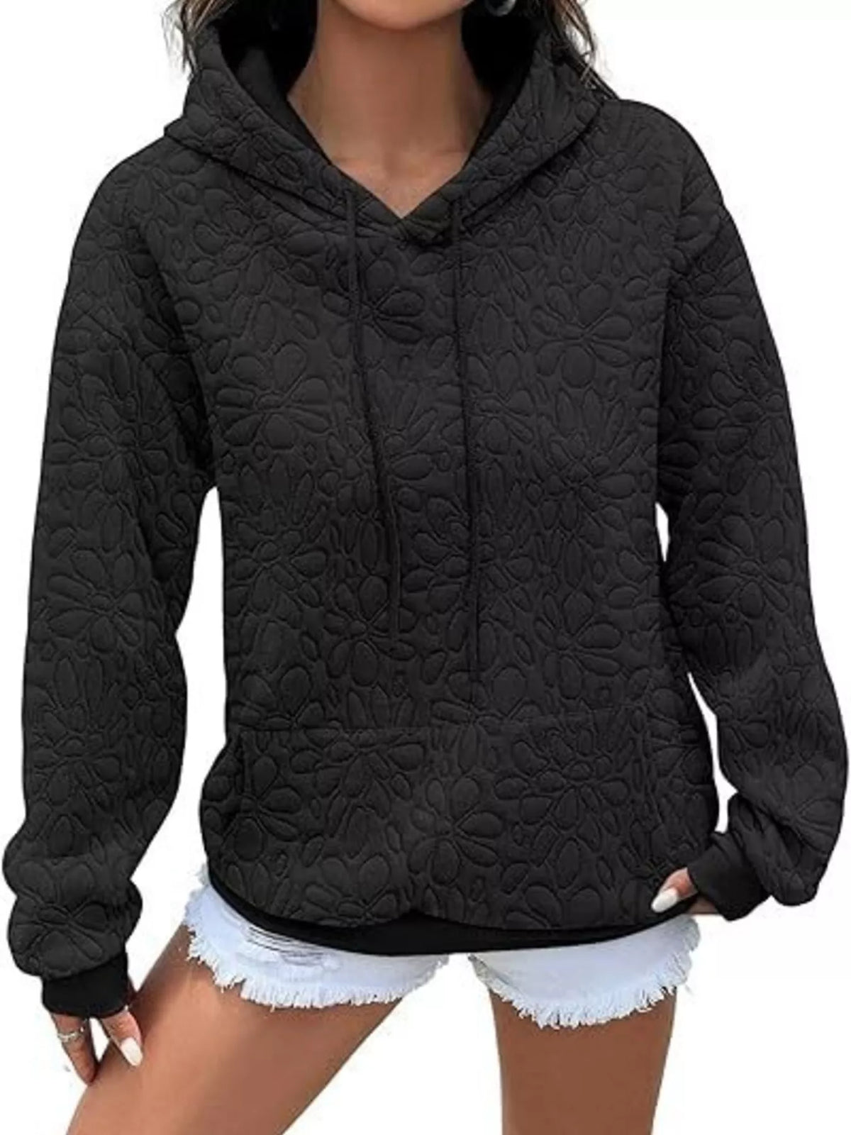 Textured Floral Embossed Drawstring Hoodie