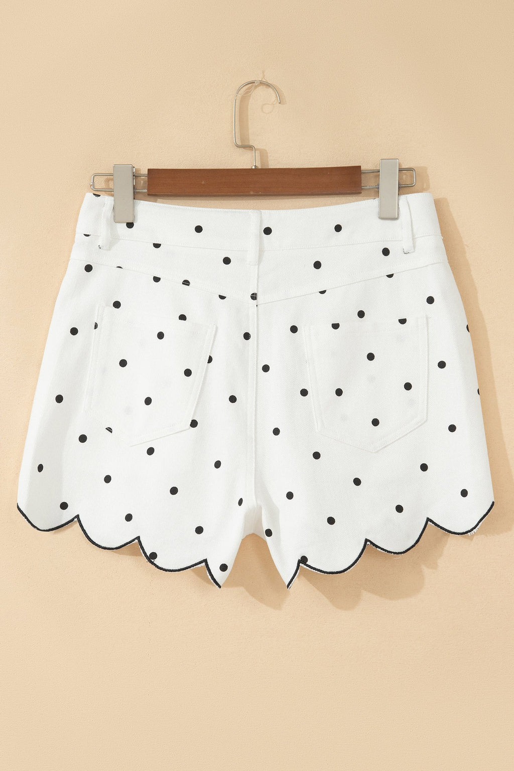 White Polka Dot Print Embroidered Scallop Hem Shorts