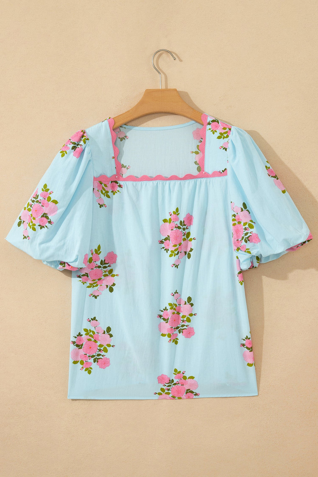 Sky Blue Floral Printed Contrast Ricrac Detail Bubble Sleeve Blouse