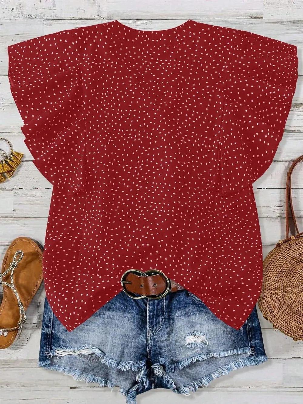 Polka Dot Notched Ruffled Cap Sleeve Blouse