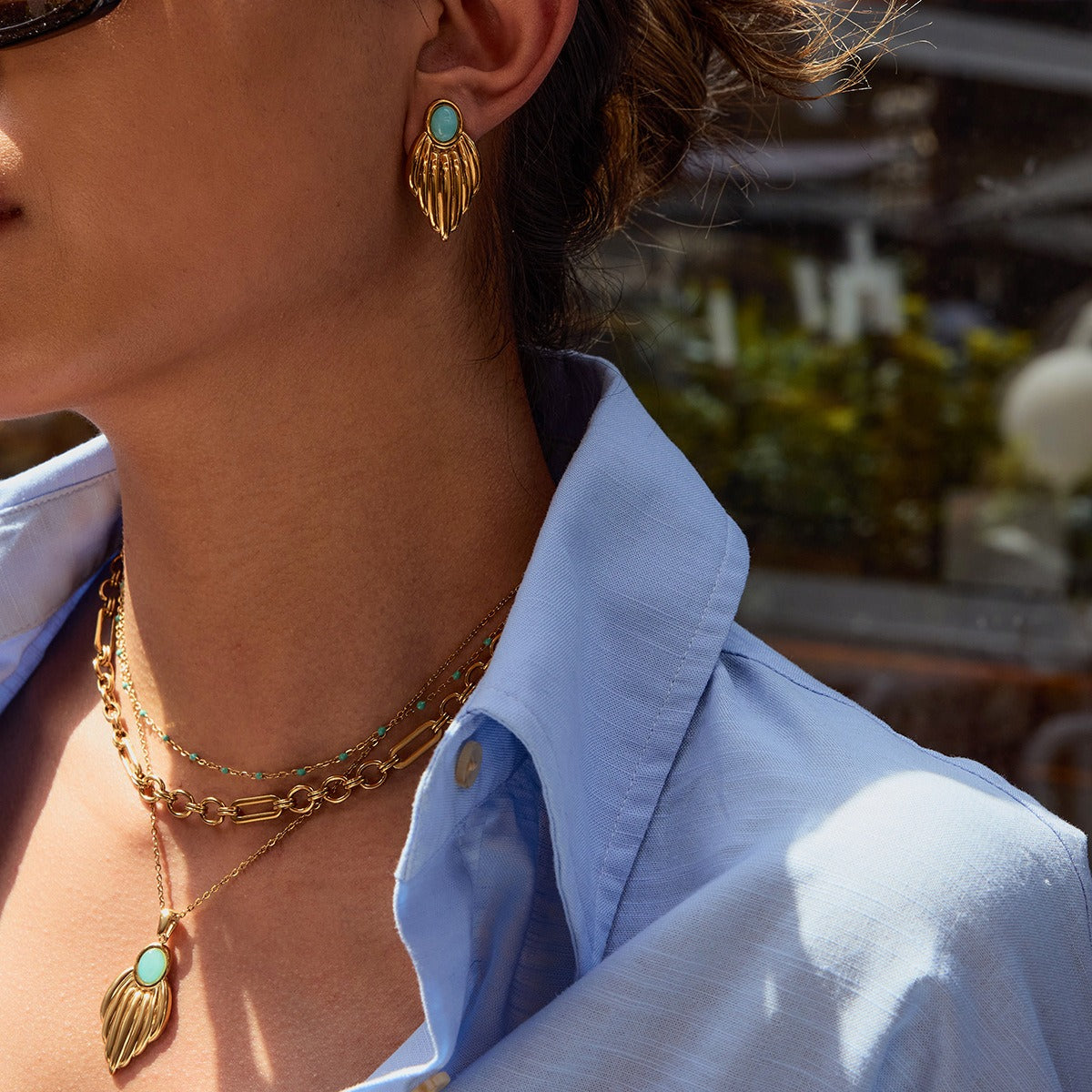 18K gold geometric shape with texture design exquisite unique necklace and earrings set
