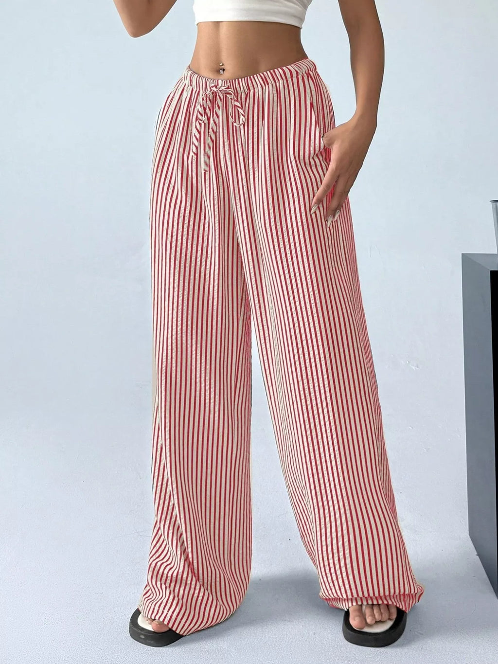 Full Size Striped Drawstring Waist Wide Leg Pants Plus Size