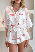 Printed Collared Tie Waist Short Sleeve Romper