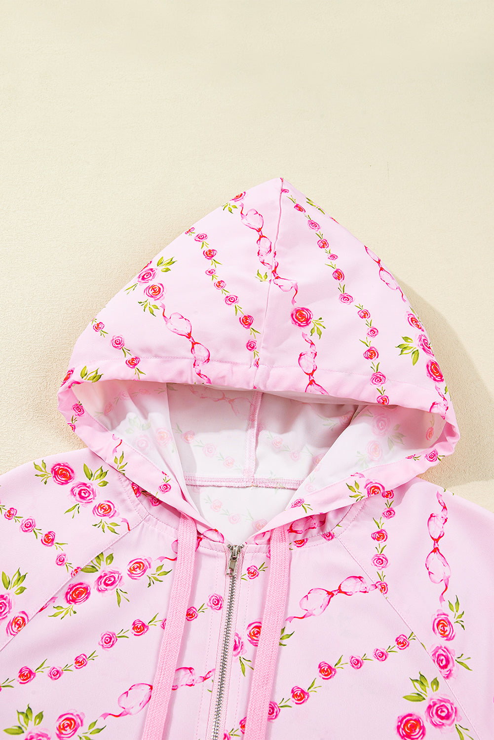 Floral Half Zip Kangaroo Pocket Drawstring Hoodie
