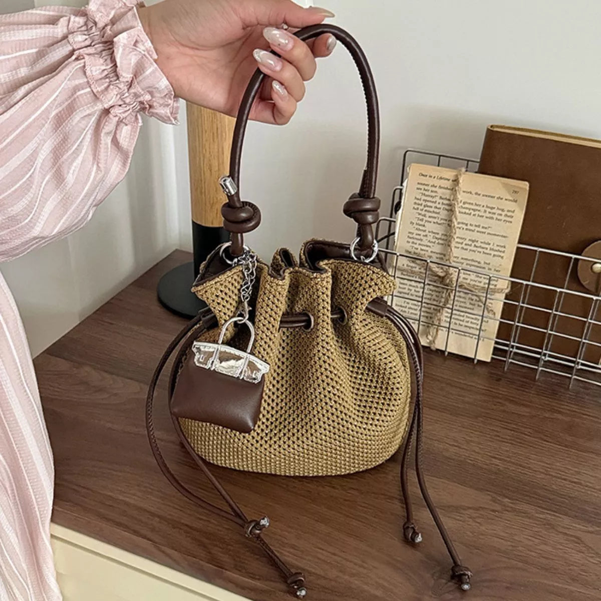Woven Drawstring Crossbody Bag