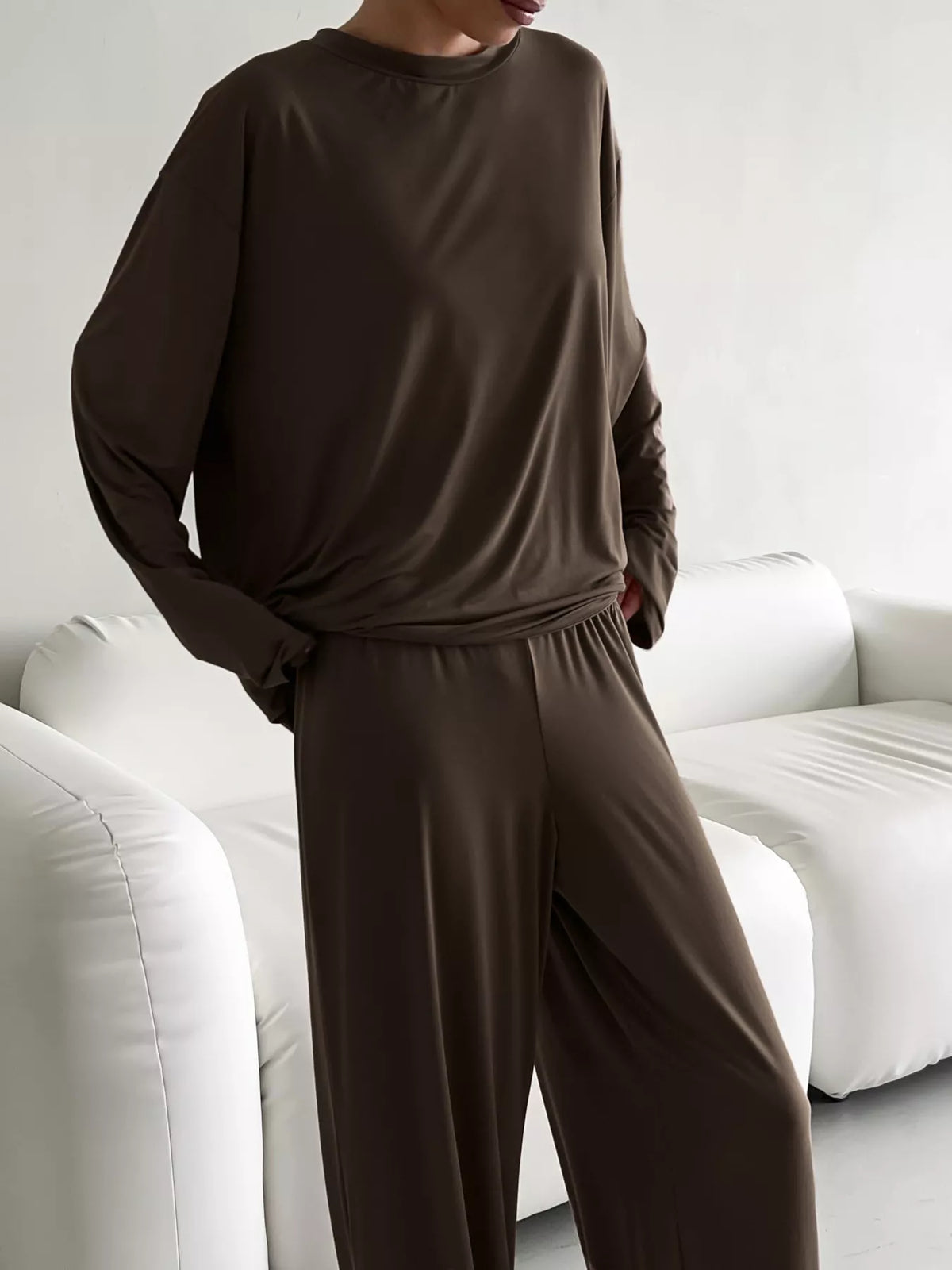 Solid Color Long Sleeve Top and Pants Set